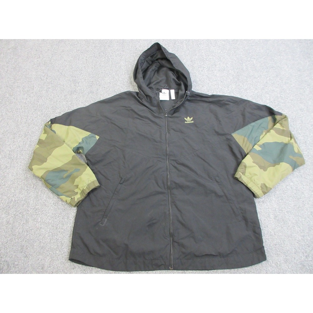 Adidas Jacket Mens Large Black Camo Hooded Full Zip Trefoil Windbreaker FM3359
